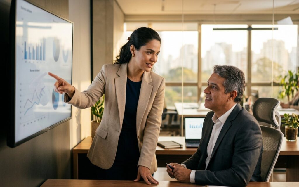Consultora apresentando indicadores de RH para executivo em frente a uma tela