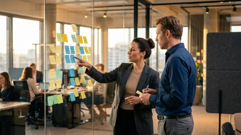 Profissionais organizando organograma com post-its em parede de vidro