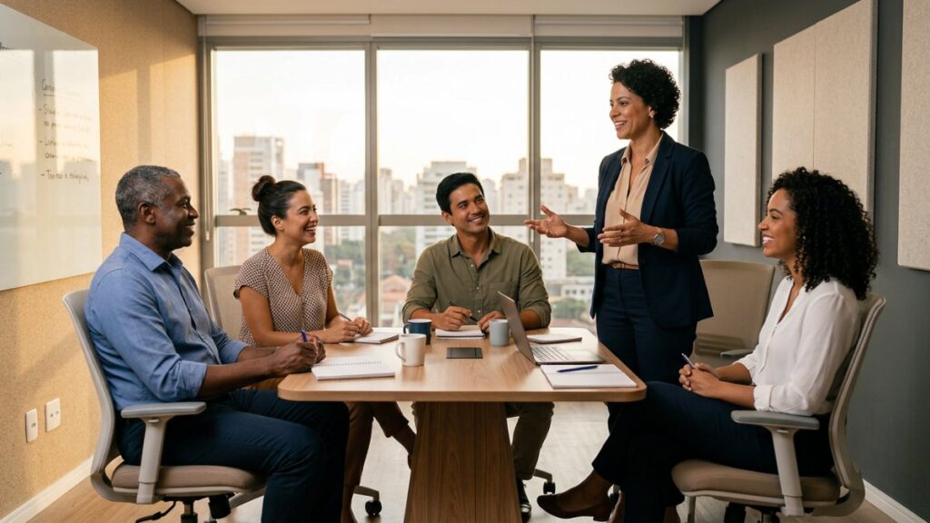 Roda de conversa em treinamento de lideranças em sala de reunião